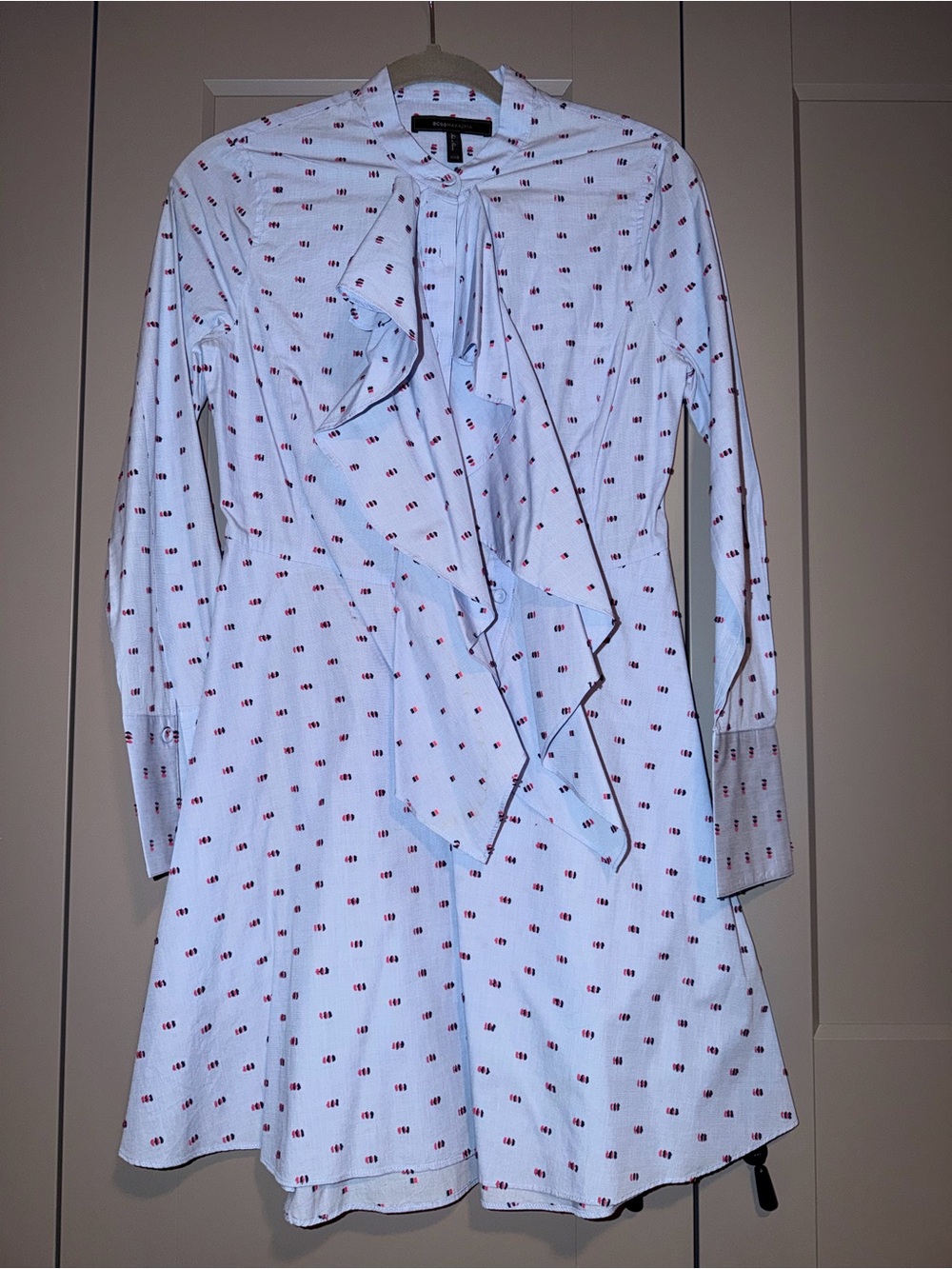 Bcbg Light Blue Ruffle Tie-Neck Dress with Red Dot Print